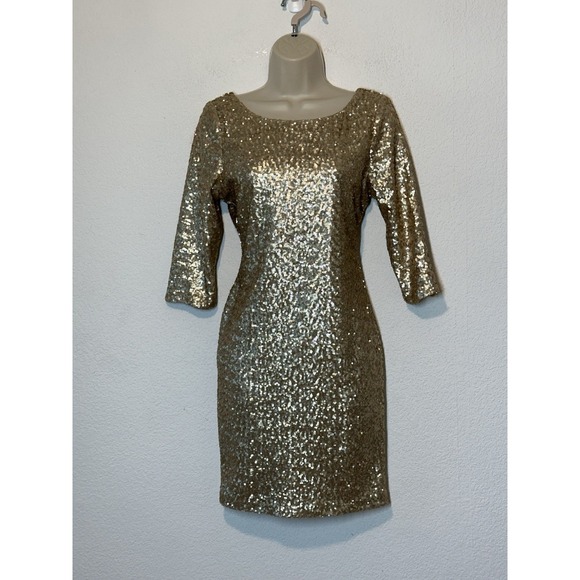 Y2K Ruby Rox Gold Sequin 3/4 Sleeve Dress Party Cocktail Event Holiday Glam - Picture 1 of 6